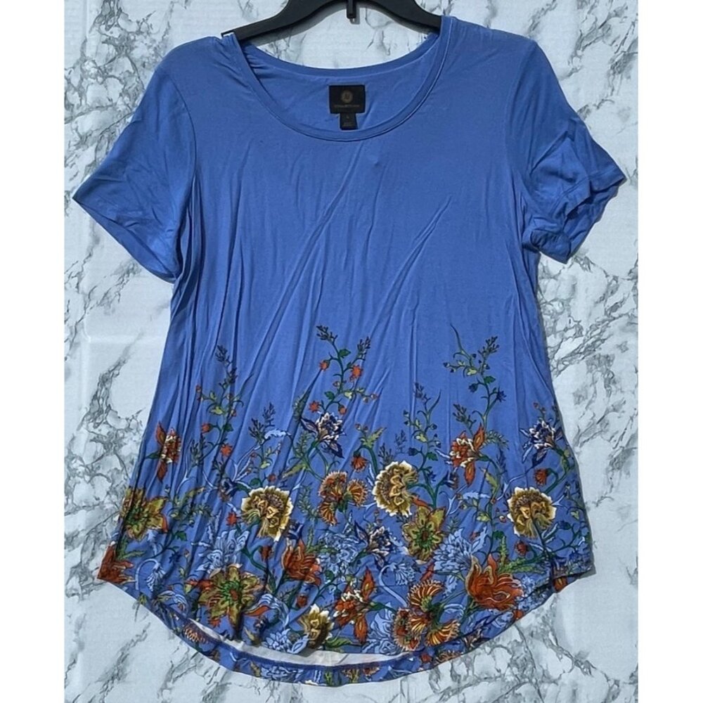 JM Collection Size Small Blue Floral Print Rayon Knit Top Short Sleeve Stretch